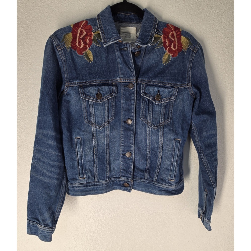 American Eagle Outfitters Denim Jacket XS Floral Casual Blue Boho Coat